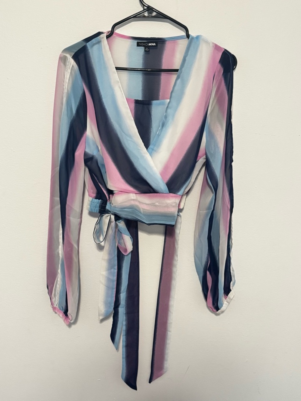 Fashion Nova Pastel Striped Wrap Top in Blue, Pink & Navy
